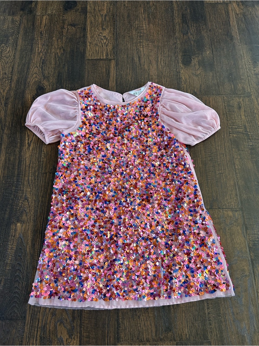 H&M Pink Multicolor Sequin Puff-Sleeve Dress